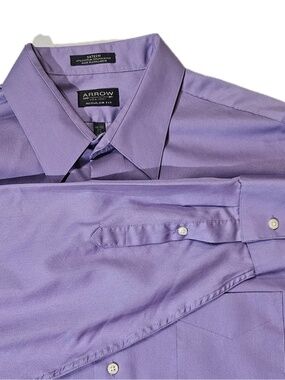 Arrow Dress Shirt Mens 17.5 Purple Point Collar Wrinkle Resistant Cotton/Poly